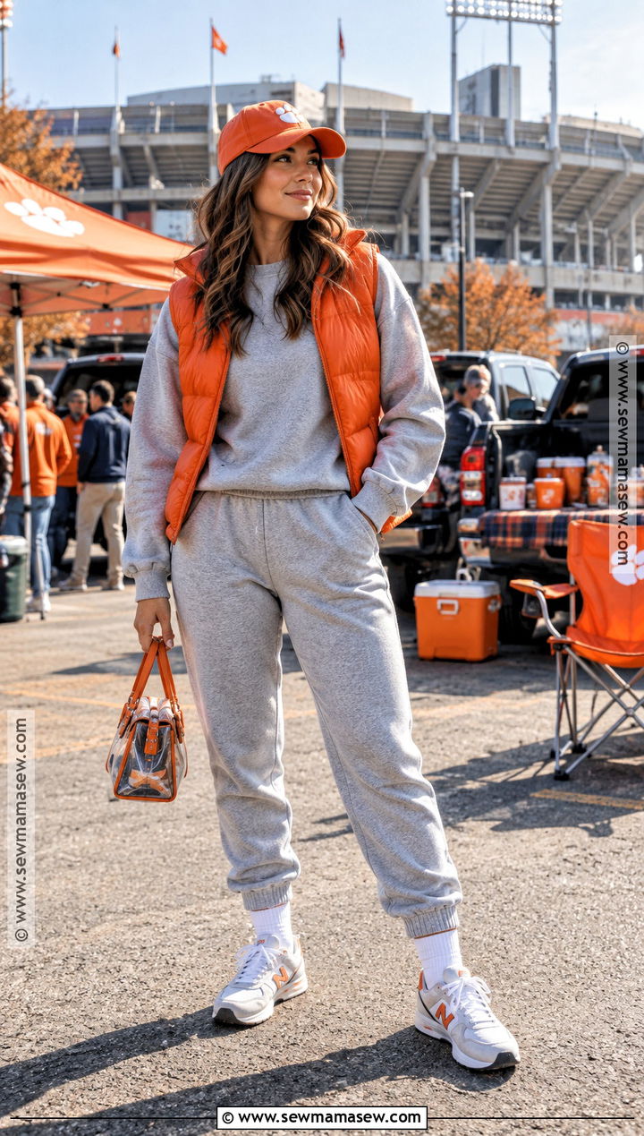 Matching Sweatsuit And Puffer Vest Football Outfit - 20 cute fall football game outfits