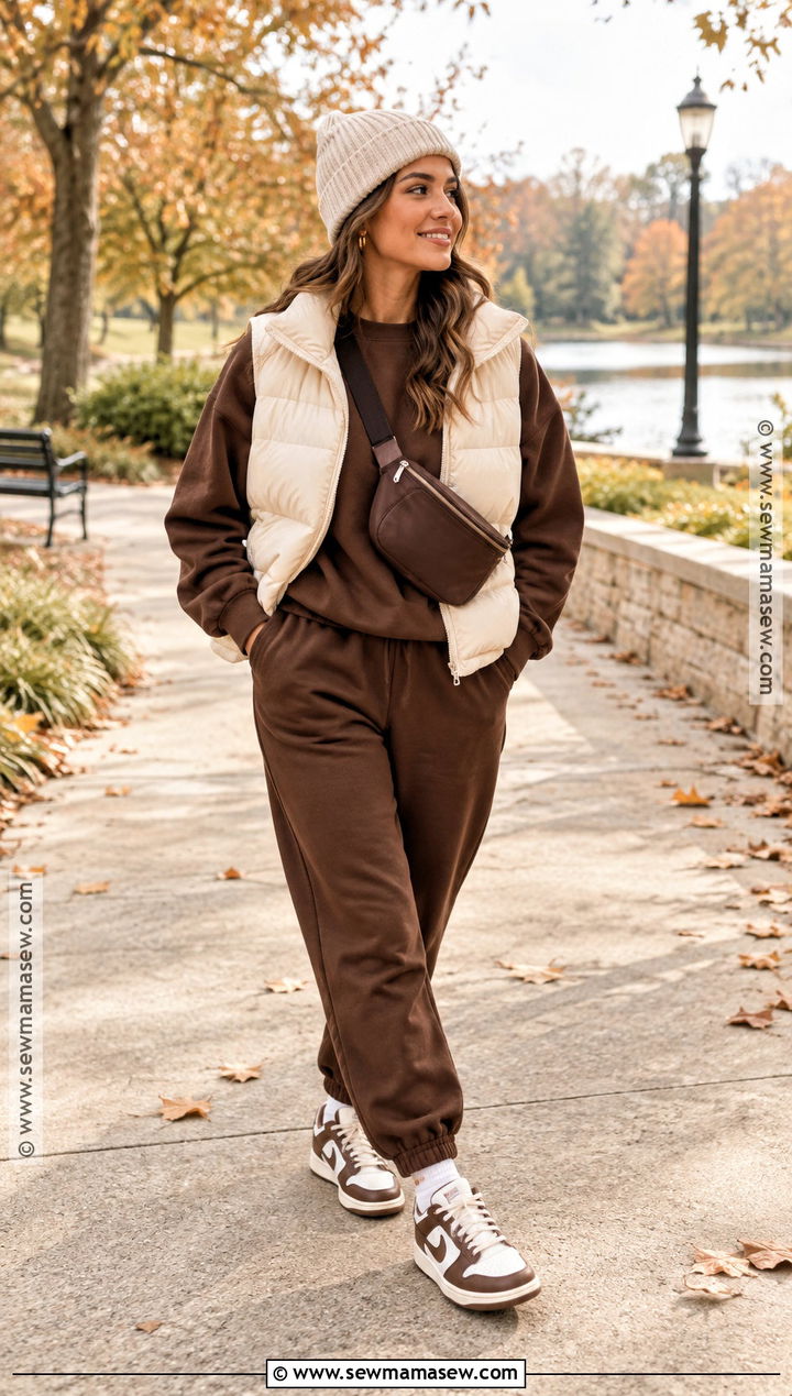 Matching Sweatsuit And Puffer Vest With Dunks - 15 Fall Outfit With Dunks Ideas