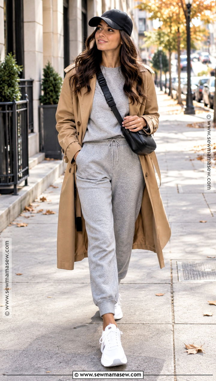 Matching Sweatsuit And Trench Coat Walking Outfit - 15 Cute Walking Outfits Fall