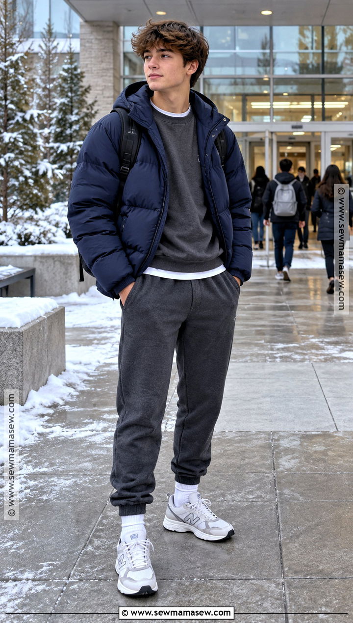 Matching Sweatsuit and Puffer Jacket School Outfit - 15 fall winter outfits school