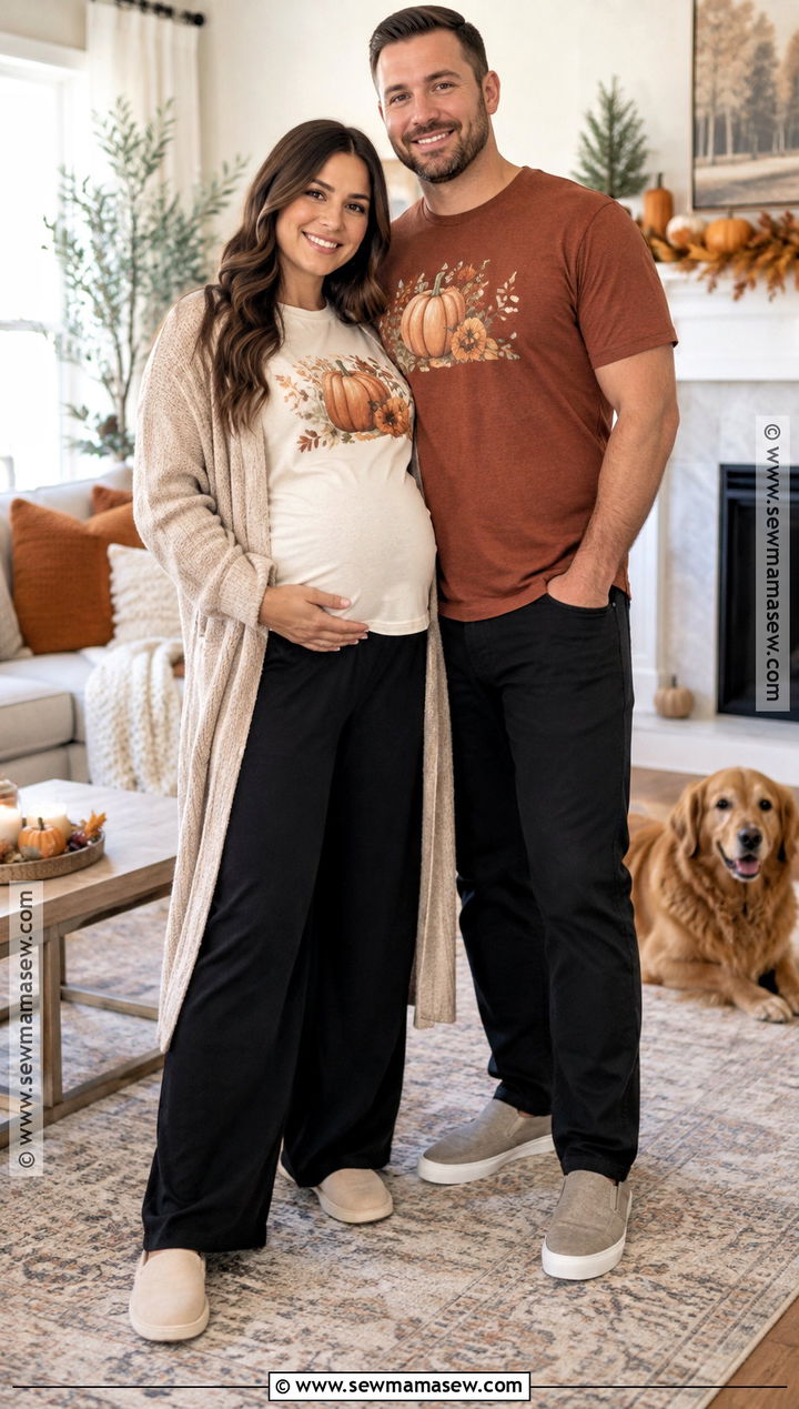 Matching Thanksgiving Maternity Shirt With Wide Leg Pants - 15 thanksgiving shirts for pregnant for women