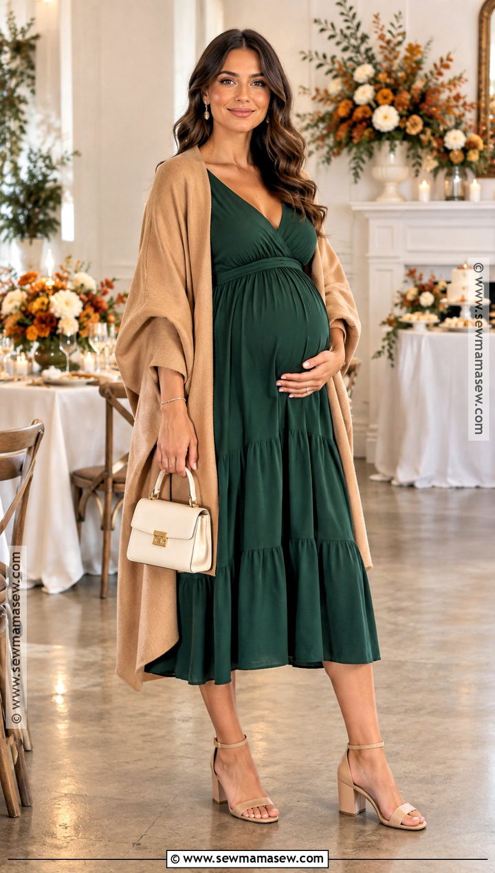 Maternity Baby Shower Dress With Wrap Coat and Heels - 15 Fall Pregnancy Style Ideas