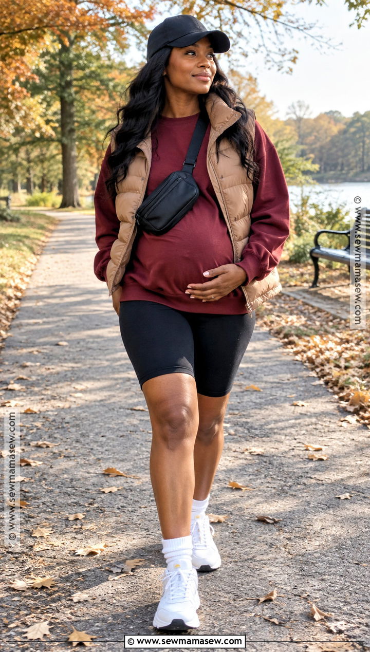 Maternity Biker Leggings And Puffer Vest Outfit - 15 fall maternity outfits for black women