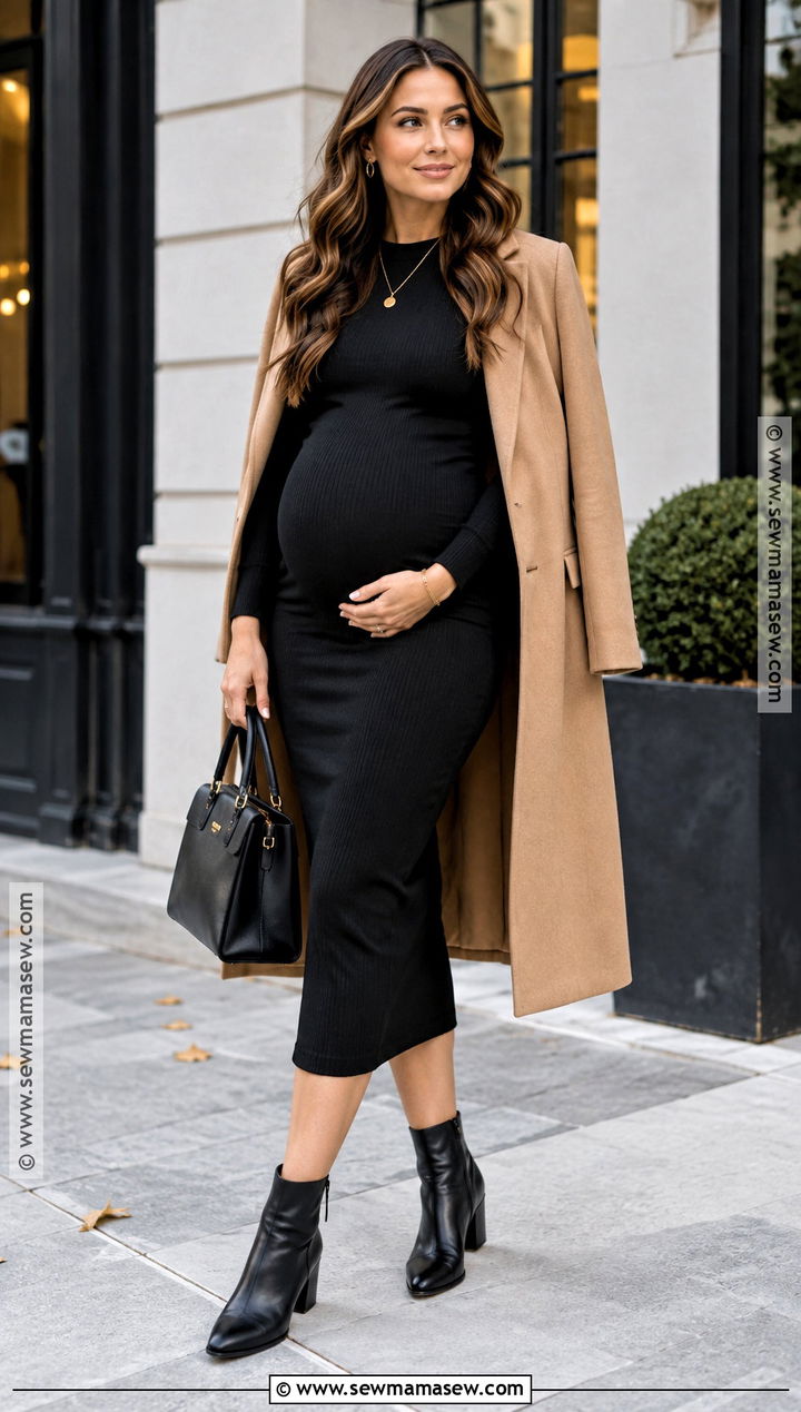 Maternity Black Dress With Camel Coat - 25 maternity outfits fall