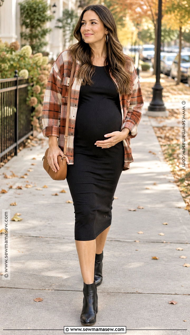 Maternity Black Dress With Plaid Overshirt and Boots - 15 Fall Pregnancy Style Ideas