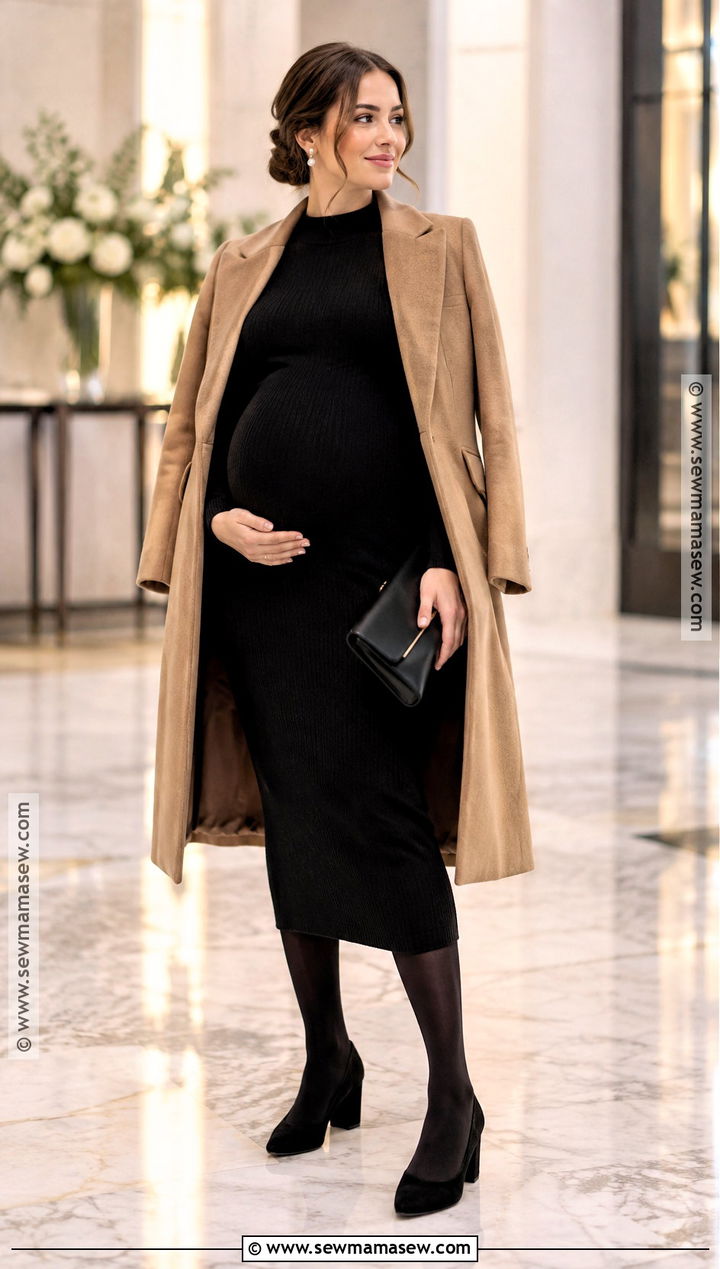 Maternity Black Dress With Wool Coat And Heels - 20 Pregnancy Outfits Autumn Winter