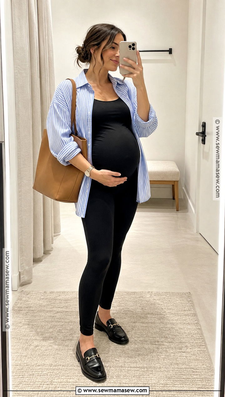 Maternity Button Down Shirt With Black Leggings - 25 maternity outfits fall
