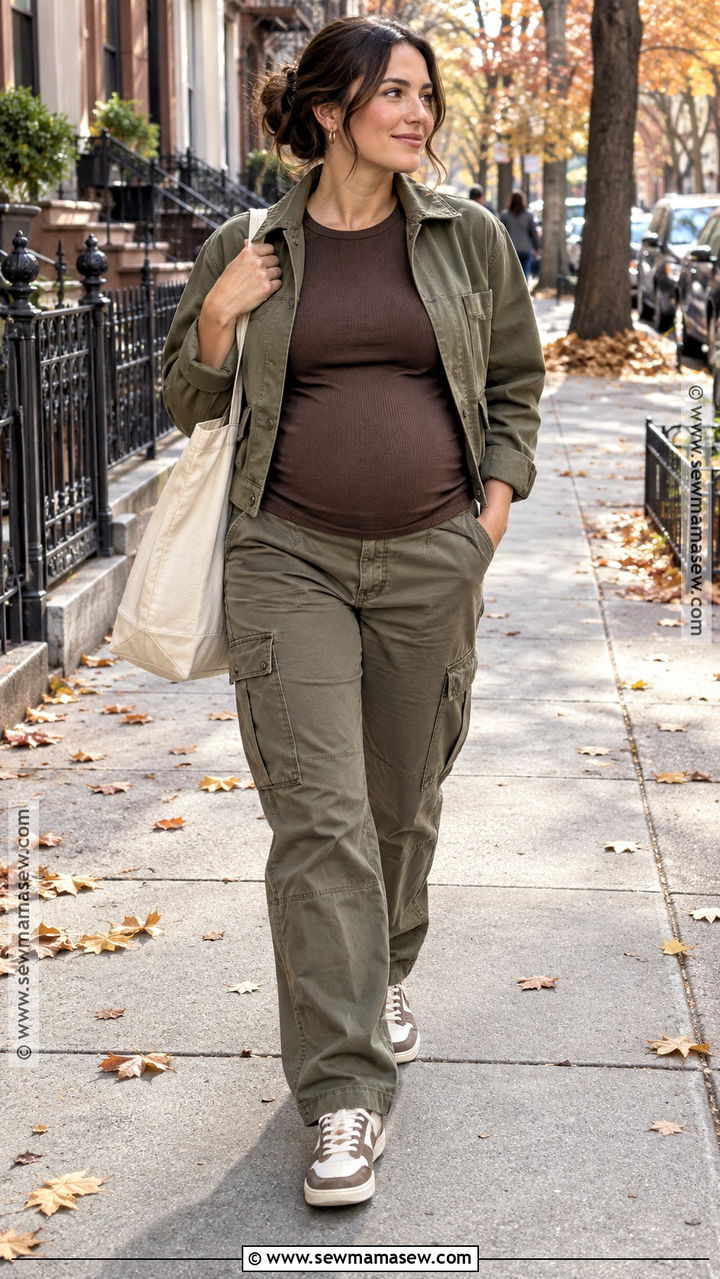 Maternity Cargo Pants And Ribbed Tee Fall Outfit - 20 casual fall maternity outfits