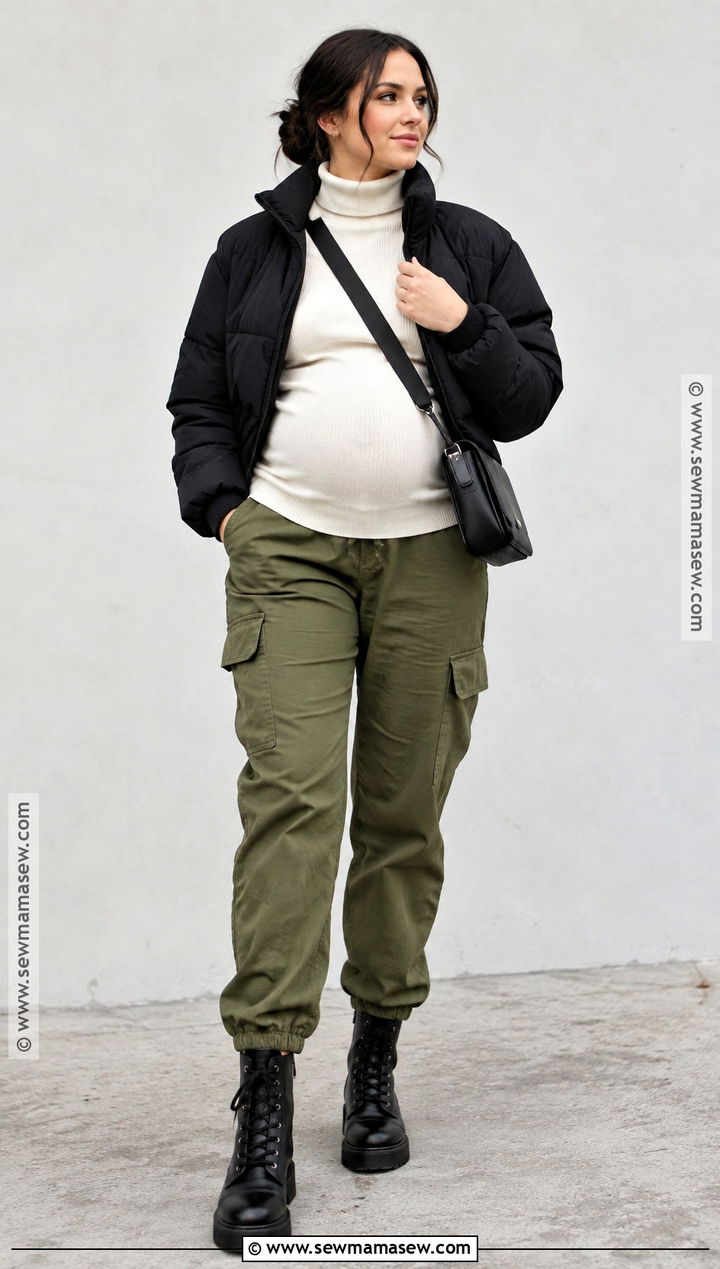 Maternity Cargo Pants With Turtleneck And Puffer - 20 Maternity Capsule Wardrobe Fall Winter Ideas