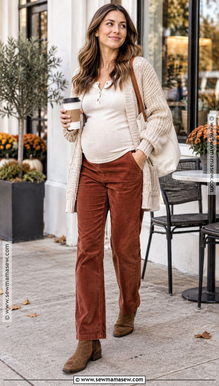 Maternity Corduroy Pants With Henley And Cardigan - 20 fallwinter pregnancy outfits
