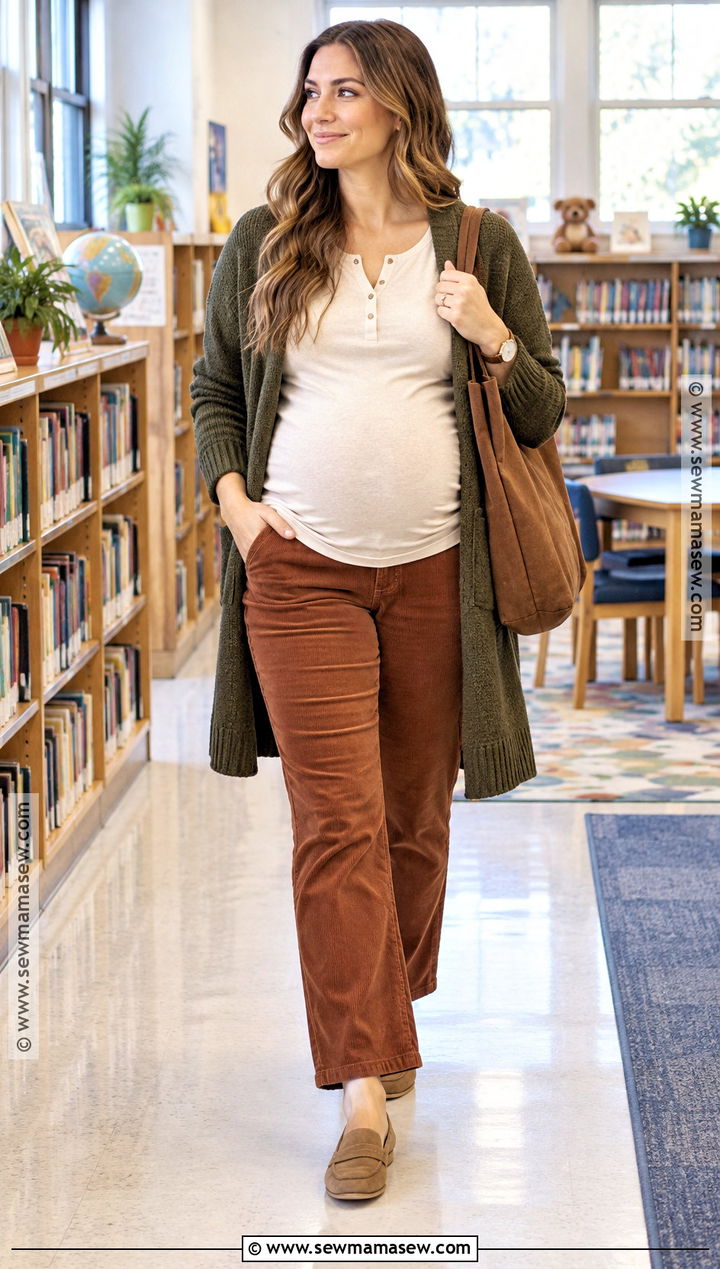 Maternity Corduroy Pants With Henley Top And Cardigan - 15 pregnant teacher outfits fall