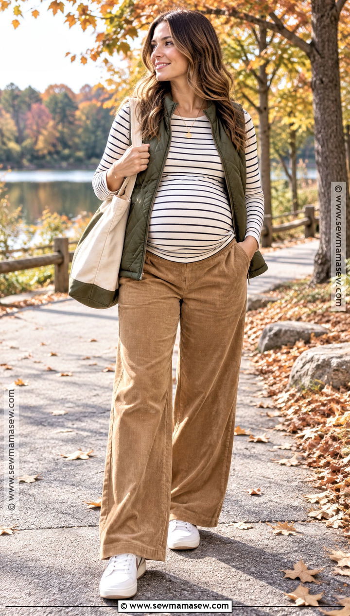 Maternity Corduroy Pants With Long Sleeve Top And Quilted Vest - 15 fall maternity outfits second trimester
