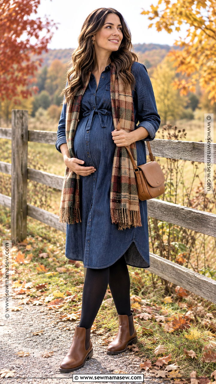 Maternity Denim Dress With Chelsea Boots - 20 Maternity Autumn Outfits