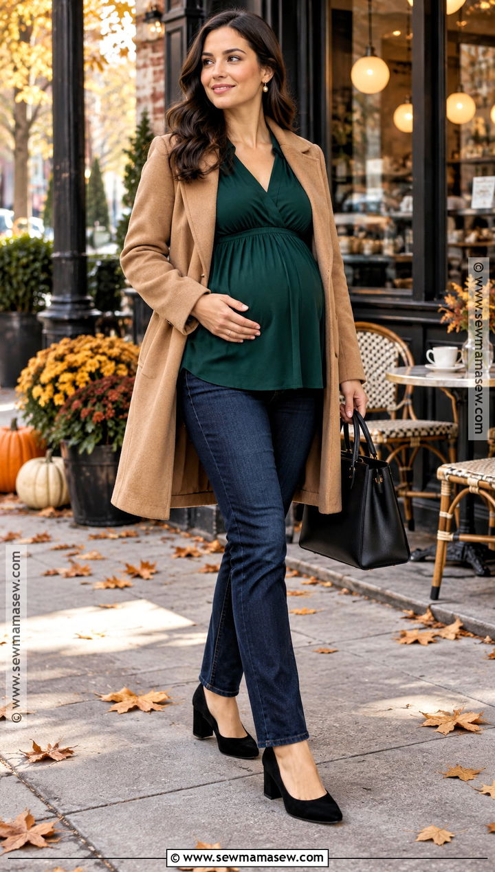 Maternity Fall Flowy Blouse And Jeans Outfit - 15 Maternity Date Night Outfit Fall Ideas