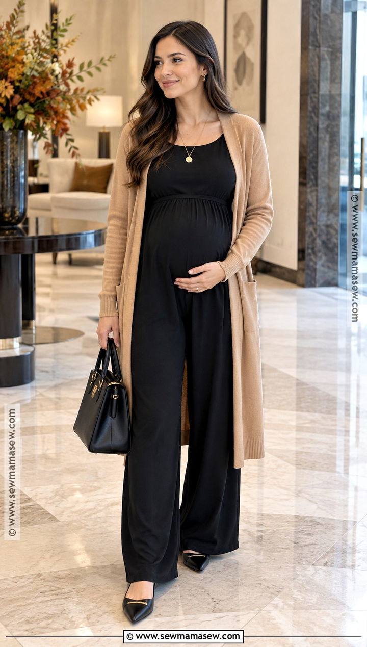 Maternity Fall Jumpsuit And Cardigan Outfit - 15 Maternity Date Night Outfit Fall Ideas