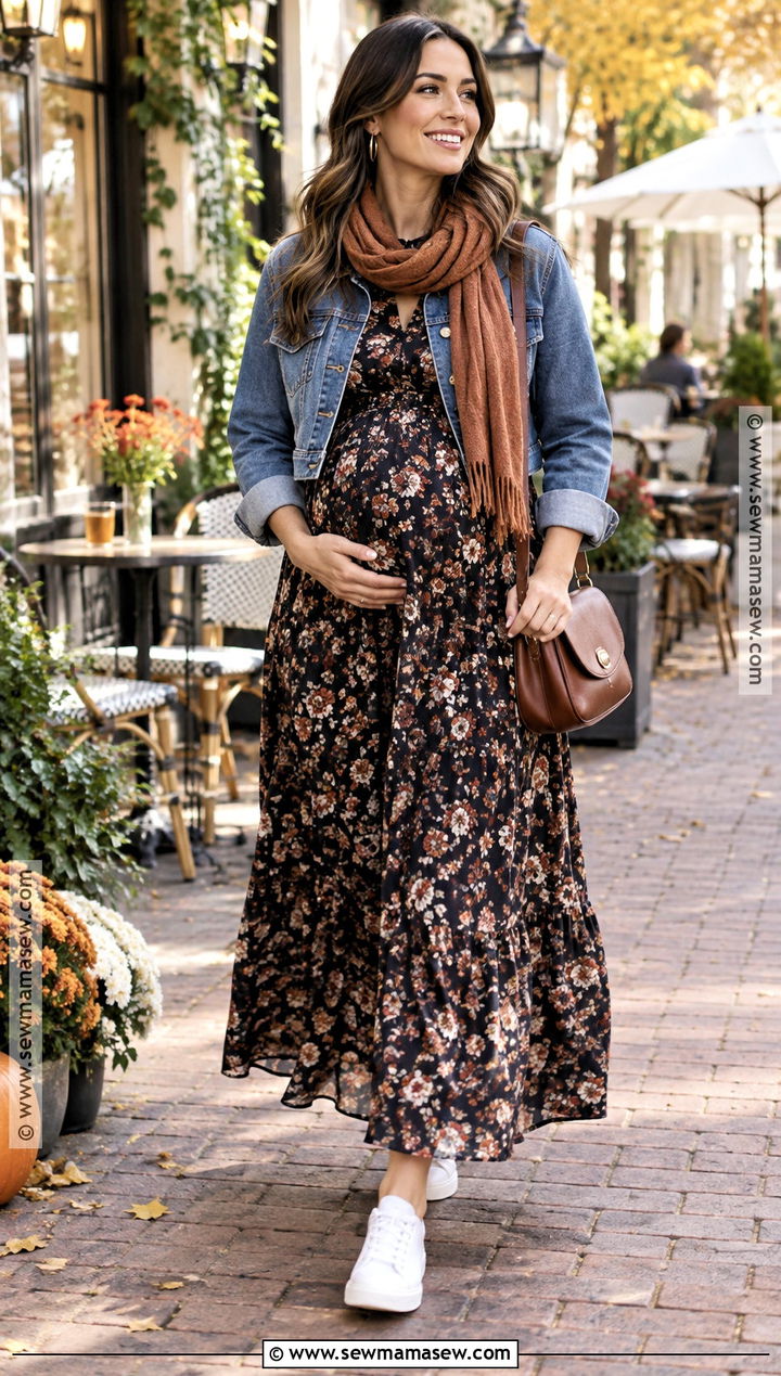 Maternity Fall Maxi Dress And Denim Jacket Outfit - 15 Maternity Date Night Outfit Fall Ideas