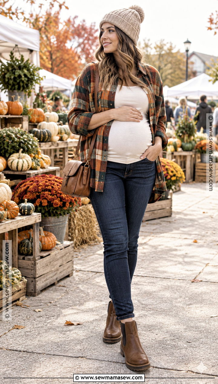 Maternity Flannel Outfit With Jeans And Boots - 15 autumn pregnant outfit ideas