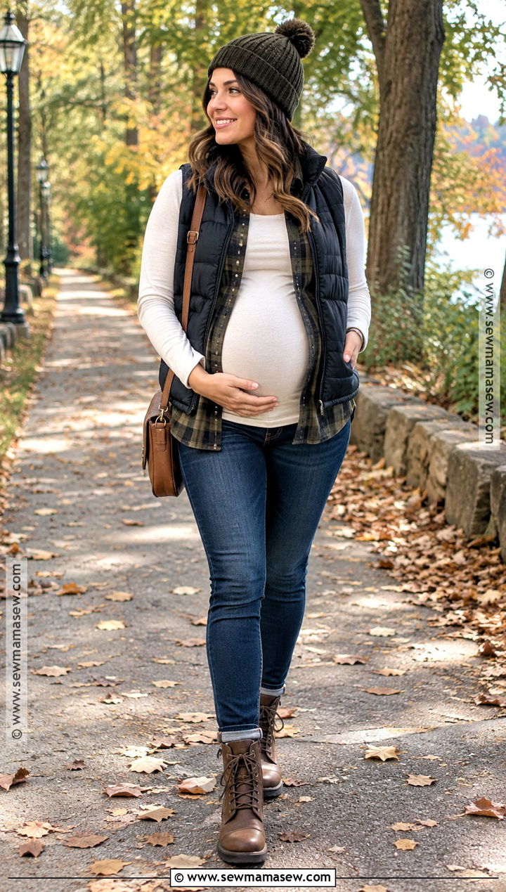 Maternity Flannel Shirt With Jeans And Puffer Vest - 15 fall winter maternity outfits
