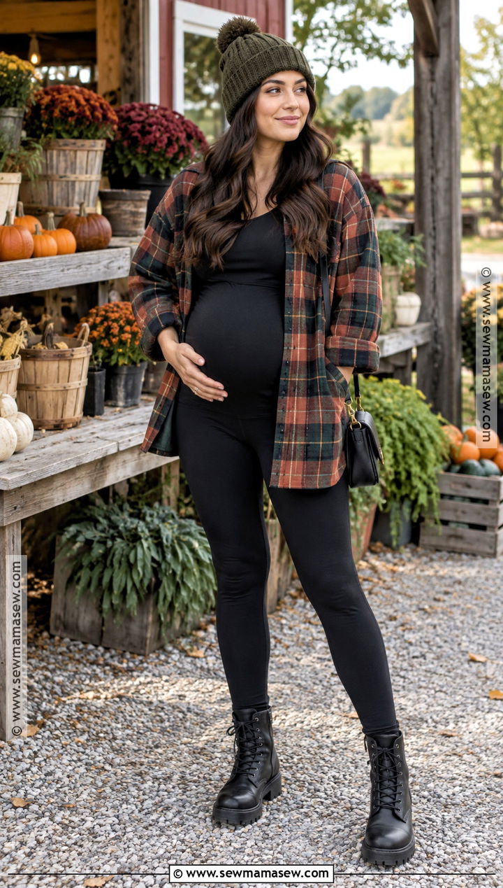Maternity Flannel Shirt With Leggings And Combat Boots - 15 Fall And Winter Pregnancy Outfits