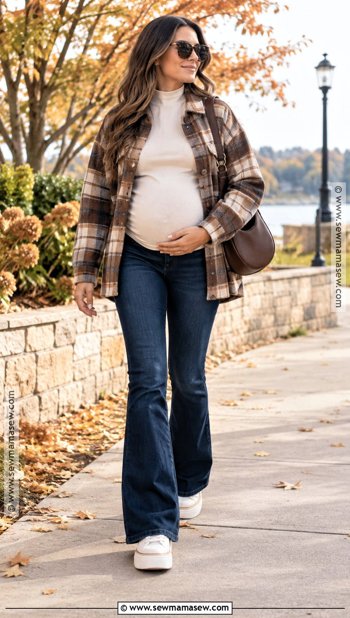 Maternity Flare Jeans With Shacket - 20 trendy maternity outfits fall