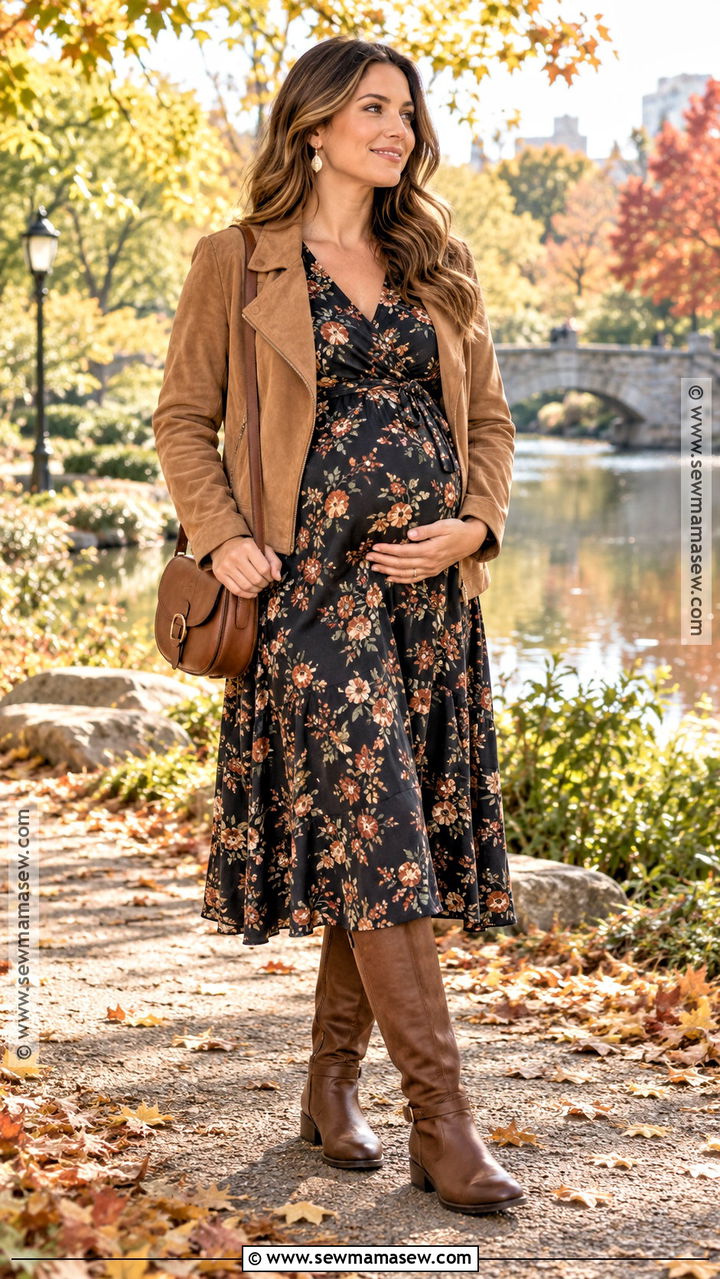 Maternity Floral Dress With A Suede Jacket - 20 pregnancy fall fashion ideas