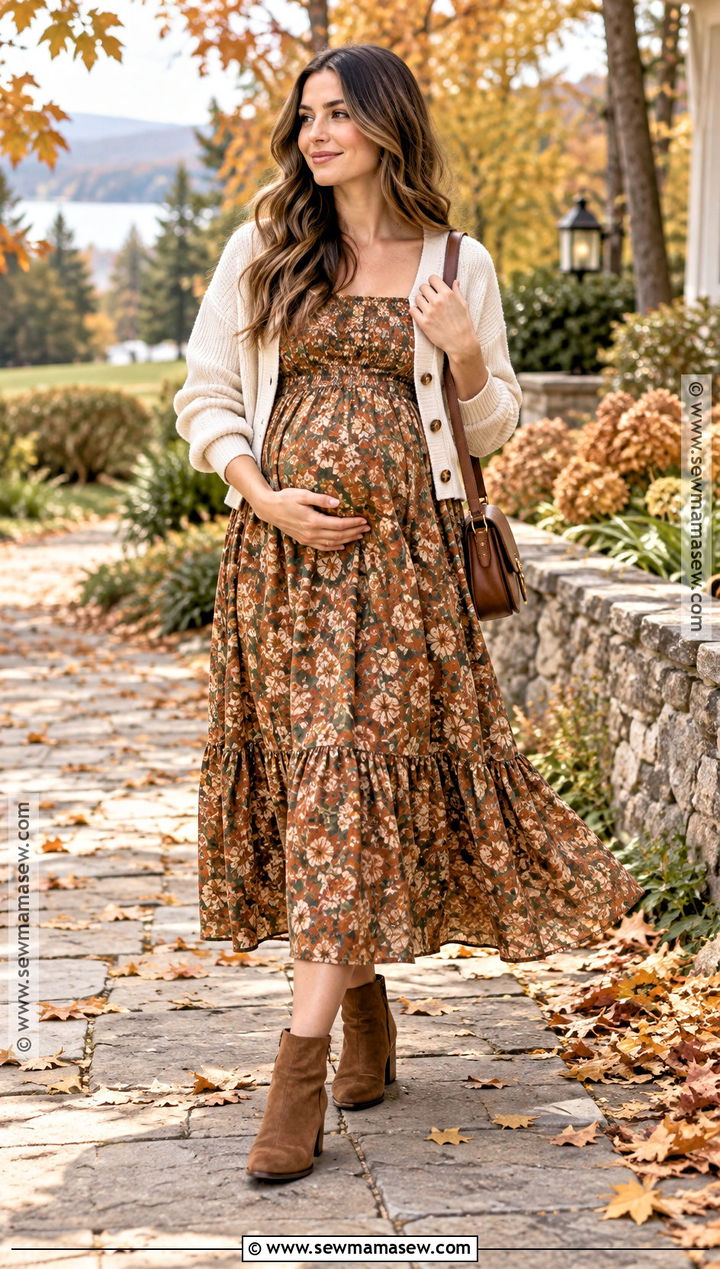 Maternity Floral Dress With Ankle Boots - 25 maternity outfits fall