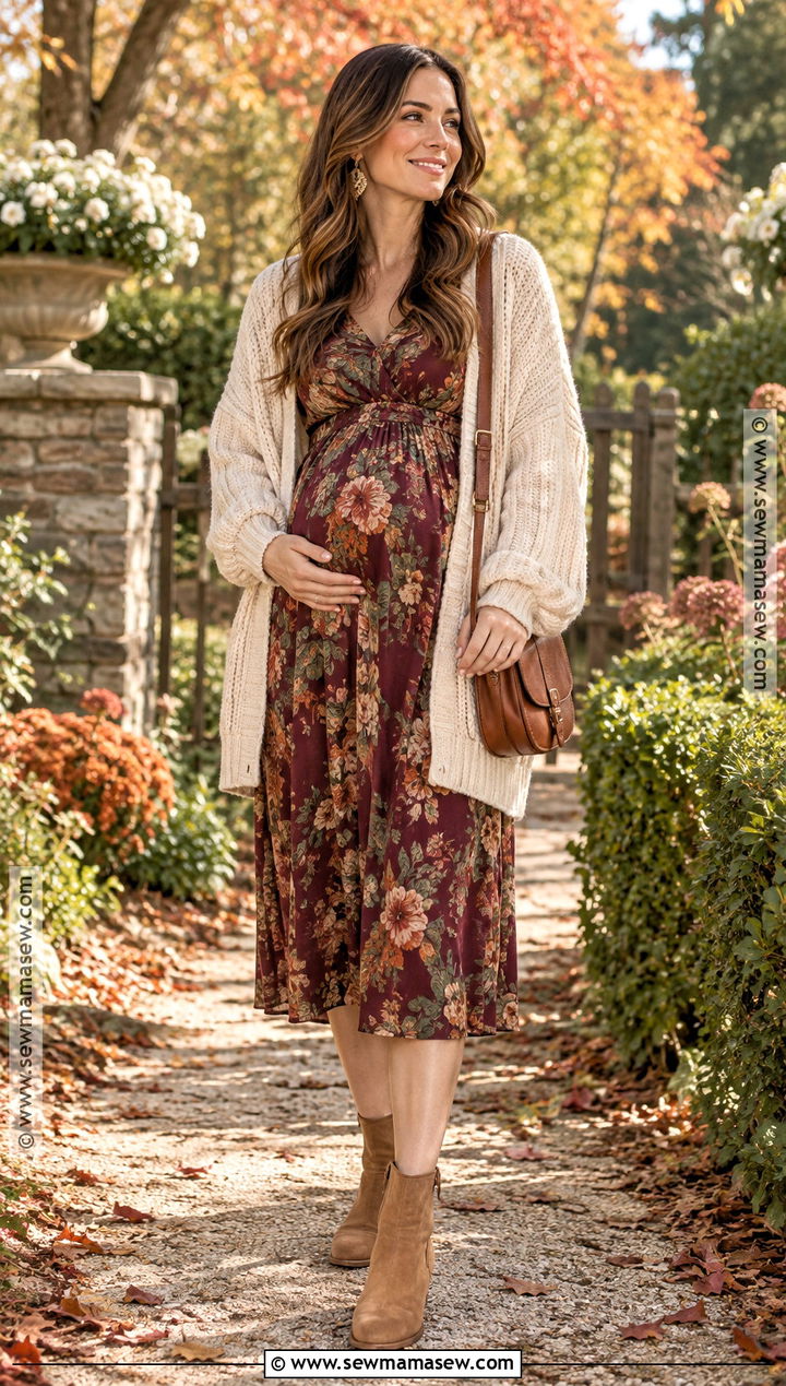 Maternity Floral Dress With Cardigan And Suede Boots - 15 fall outfit for pregnant ideas for women