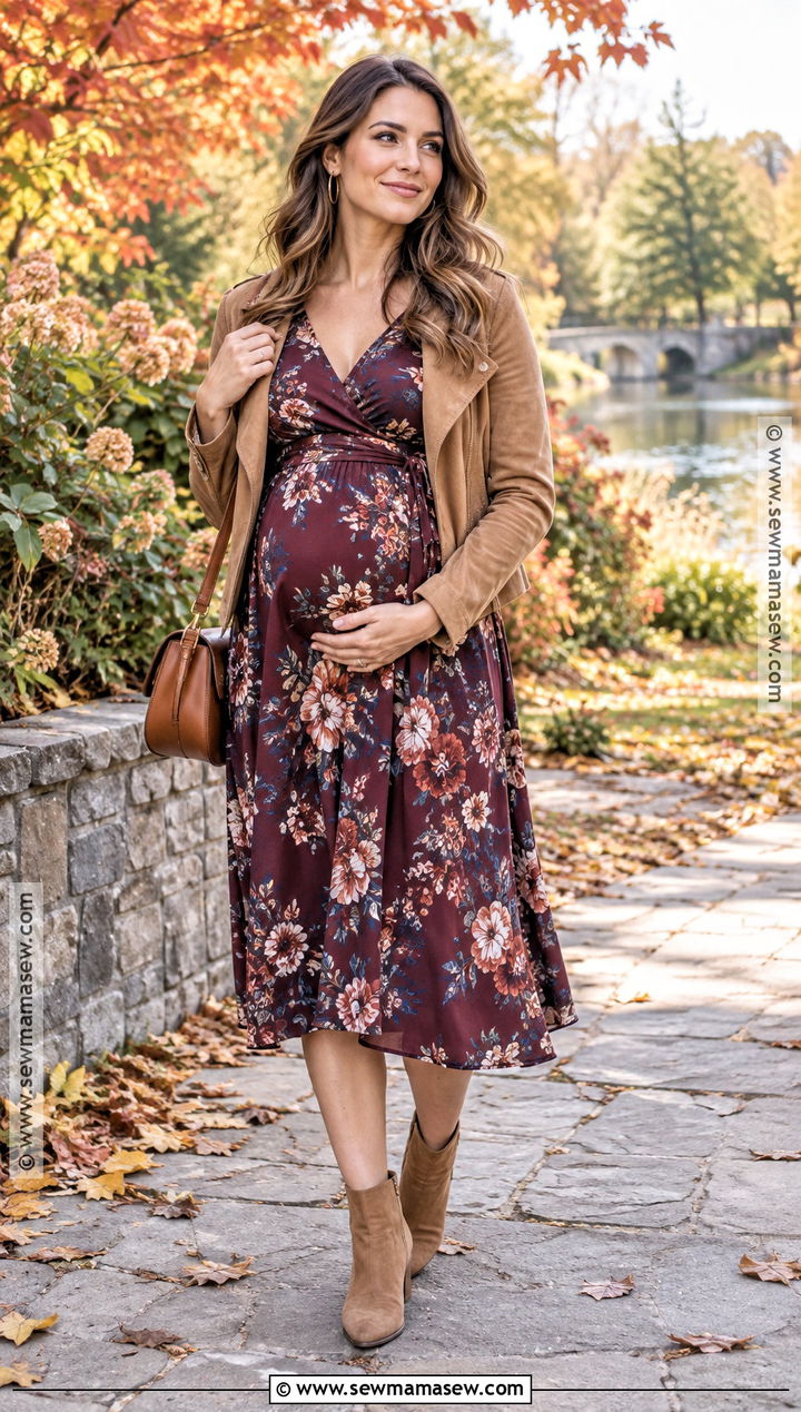 Maternity Floral Dress With a Suede Jacket - 15 fall 2026 maternity fashion ideas