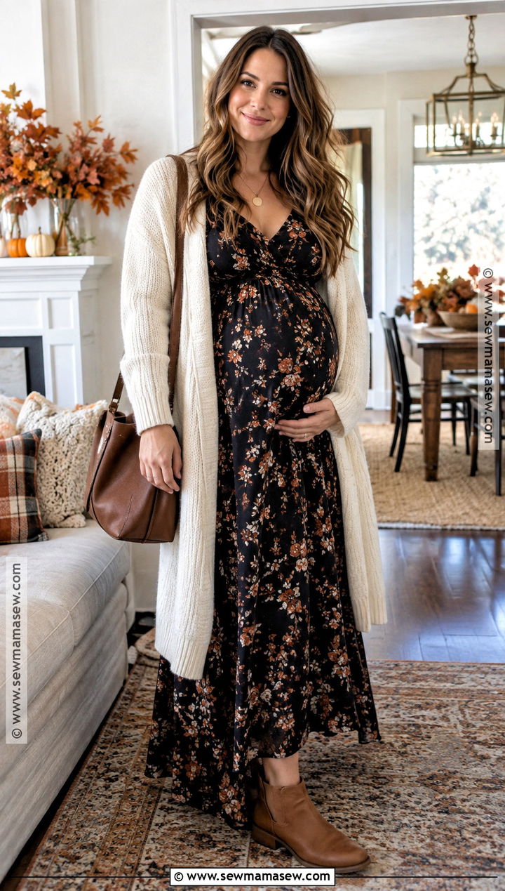 Maternity Floral Maxi Dress With Cardigan - 15 maternity outfits thanksgiving