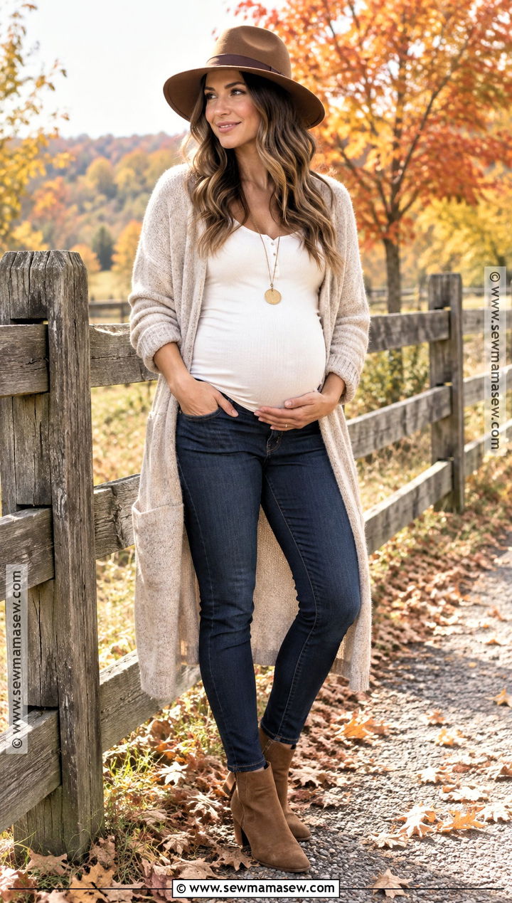 Maternity Jeans And Cardigan With Brown Fedora - 15 fall maternity photos with hat ideas