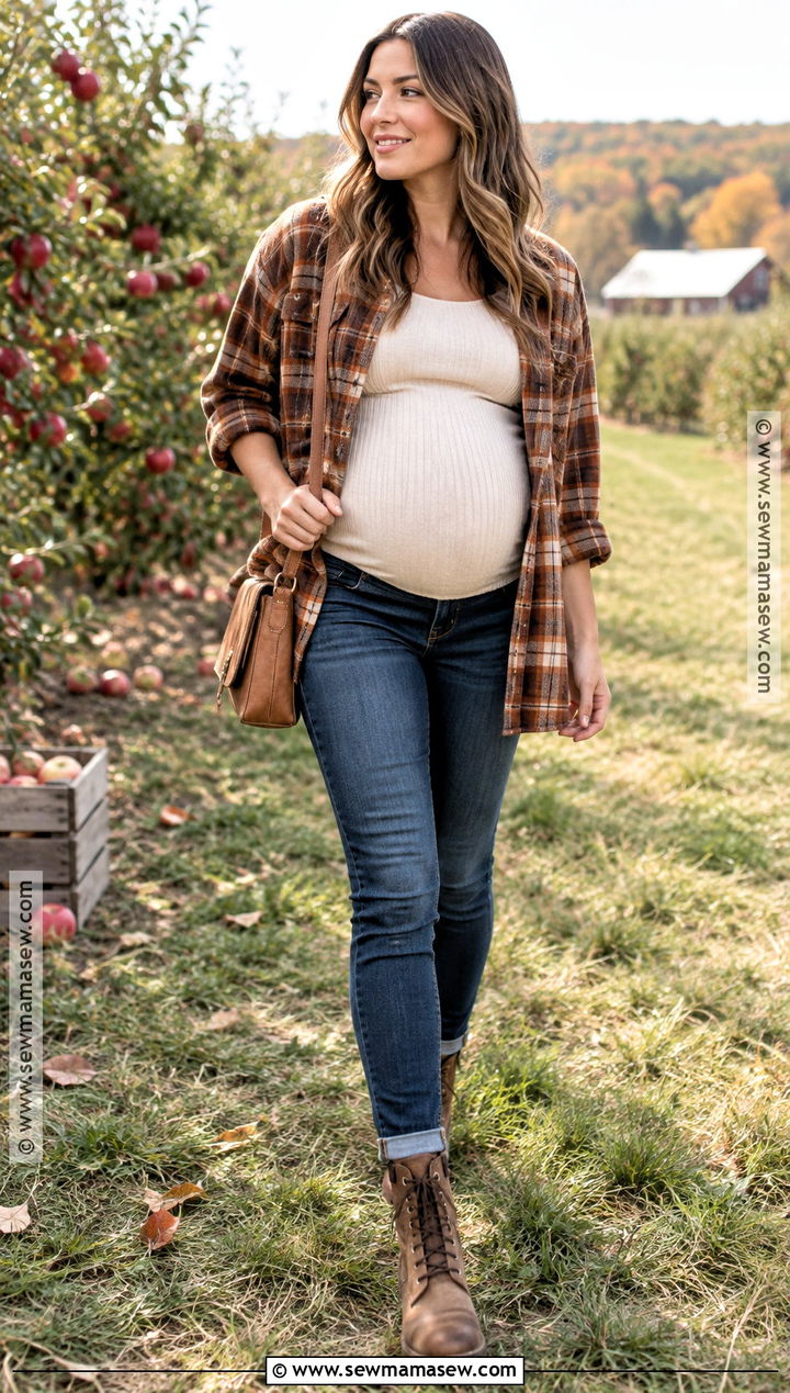 Maternity Jeans And Plaid Overshirt Outfit - 25 autumn pregnancy outfits
