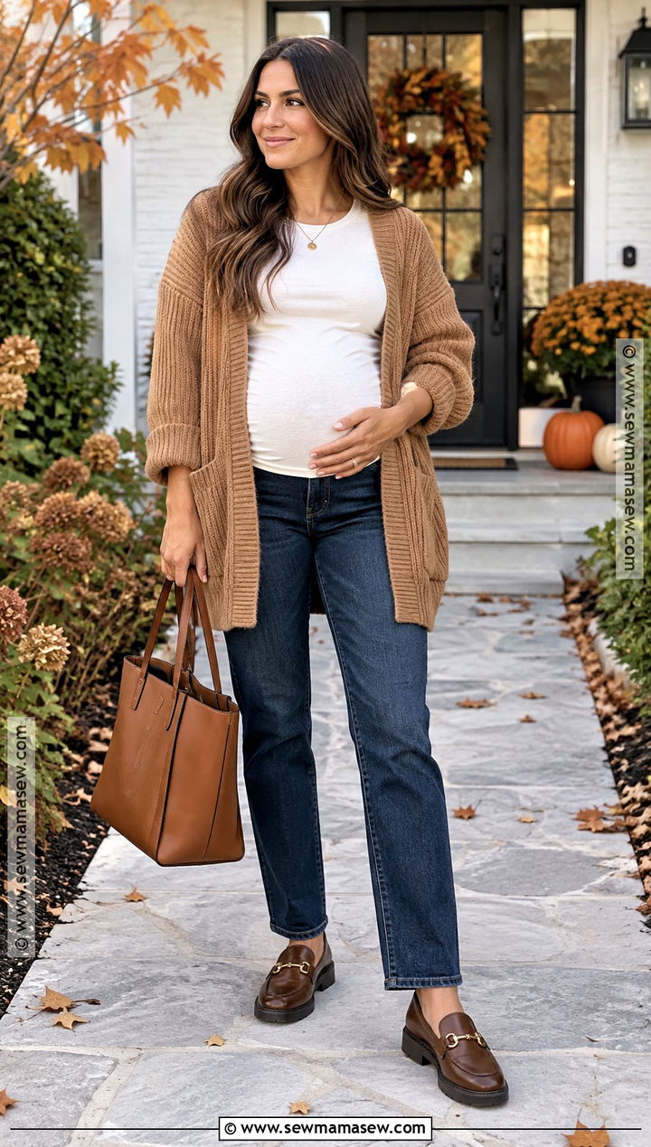 Maternity Jeans With Chunky Knit Cardigan - 20 maternity thanksgiving outfit casual ideas