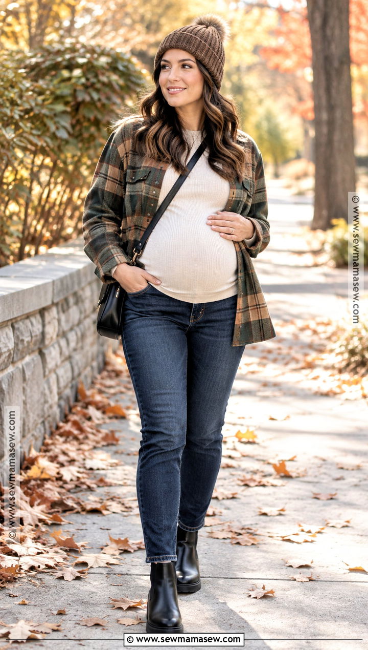 Maternity Jeans With Plaid Shacket - 25 maternity outfits fall