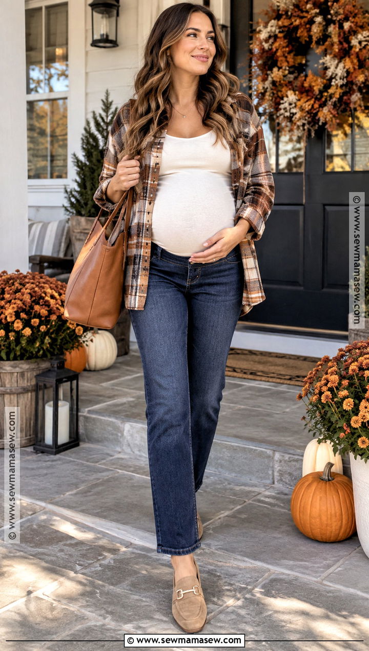 Maternity Jeans With Plaid Shirt And Loafers - 20 thanksgiving outfit maternity ideas