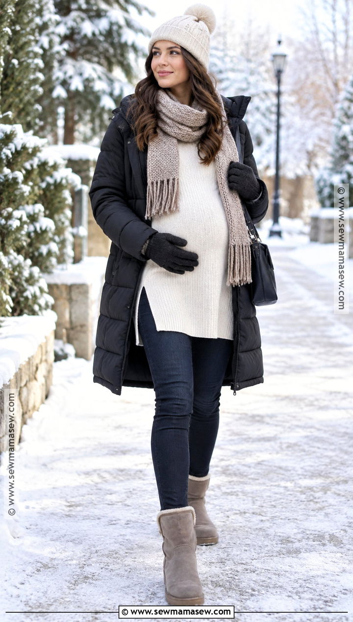Maternity Jeans With Tunic Sweater And Puffer Coat - 15 maternity outfits autumn winter
