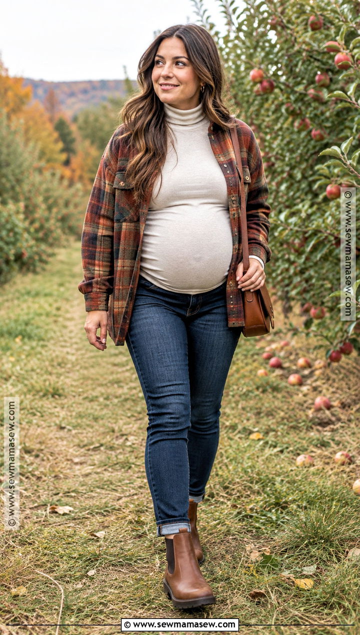 Maternity Jeans With Turtleneck And Plaid Overshirt - 15 Maternity Photography Outfits Fall