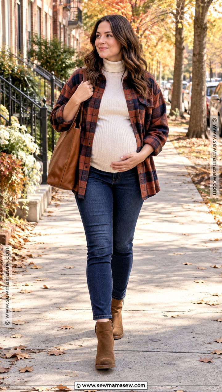 Maternity Jeans With Turtleneck And Plaid Shacket - 20 fall and winter maternity outfits