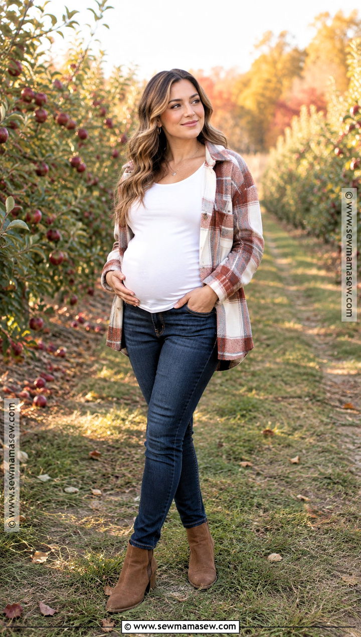 Maternity Jeans With White Blouse And Plaid Shacket - 15 maternity photo outfits fall