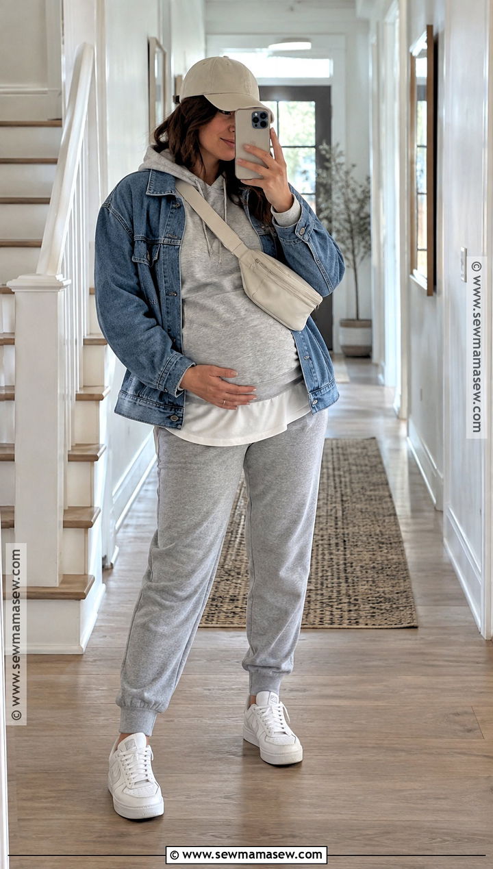 Maternity Joggers With Hoodie And Denim Jacket - 20 maternity outfits for fall