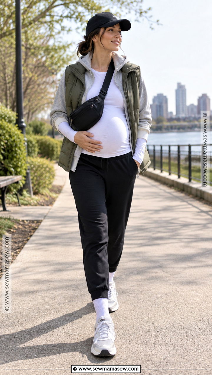 Maternity Joggers With Hoodie And Puffer Vest - 15 Fall And Winter Pregnancy Outfits