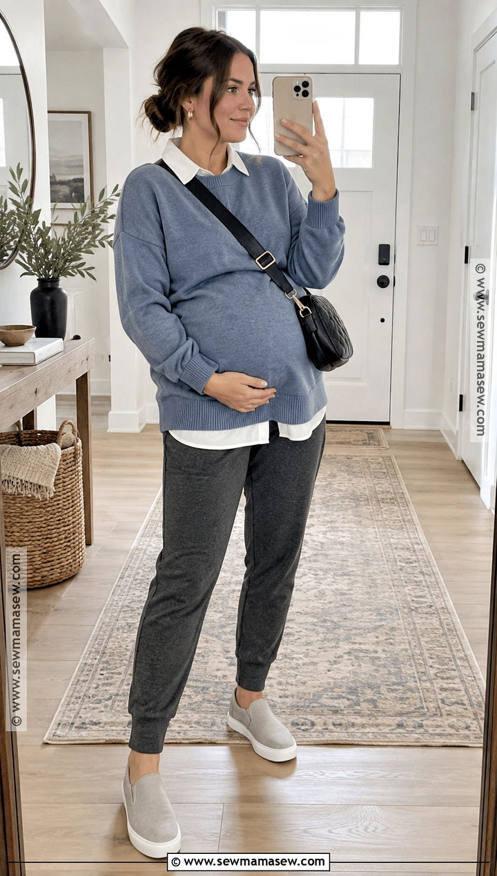 Maternity Joggers With Long Sweater And Slip On Shoes - 15 modest fall maternity outfits