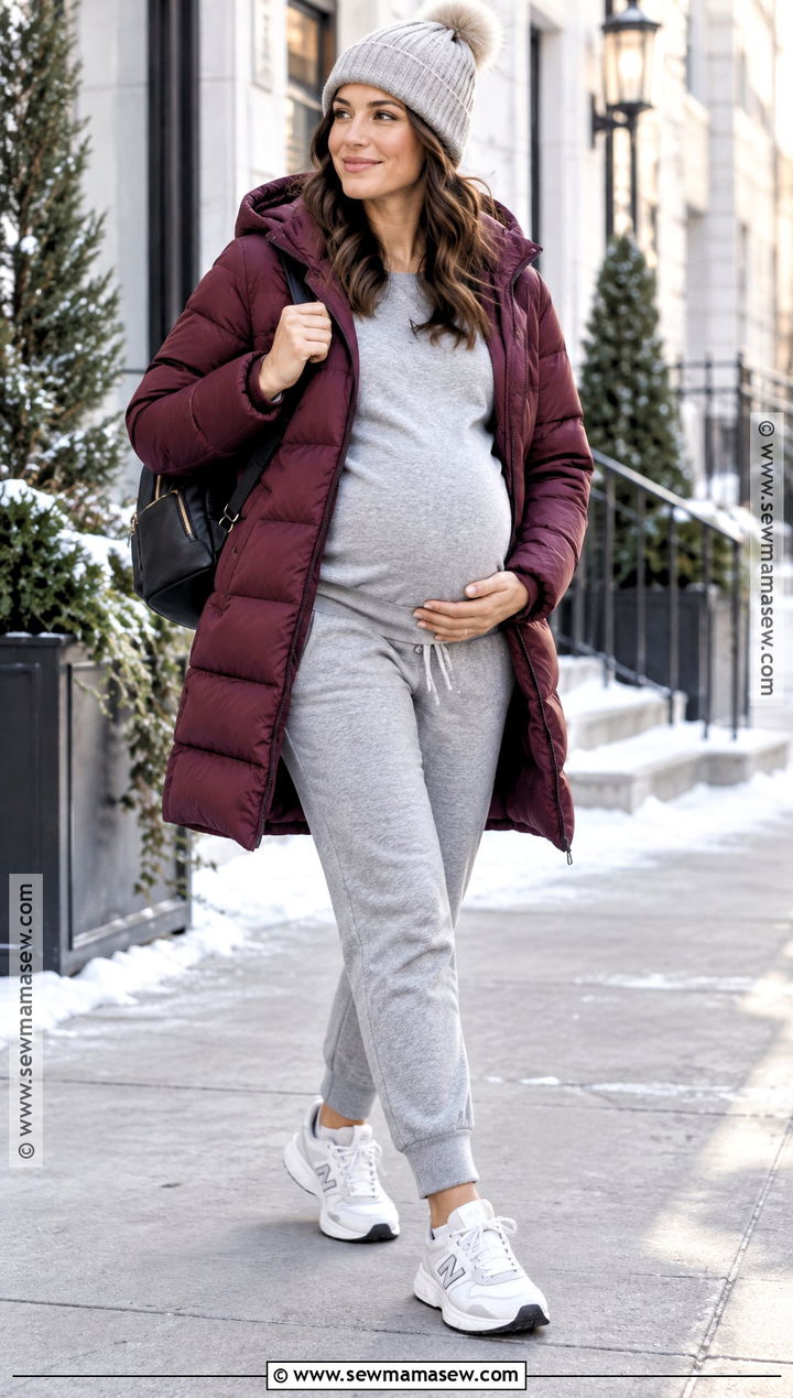 Maternity Joggers With Puffer Coat - 15 fall winter maternity style ideas