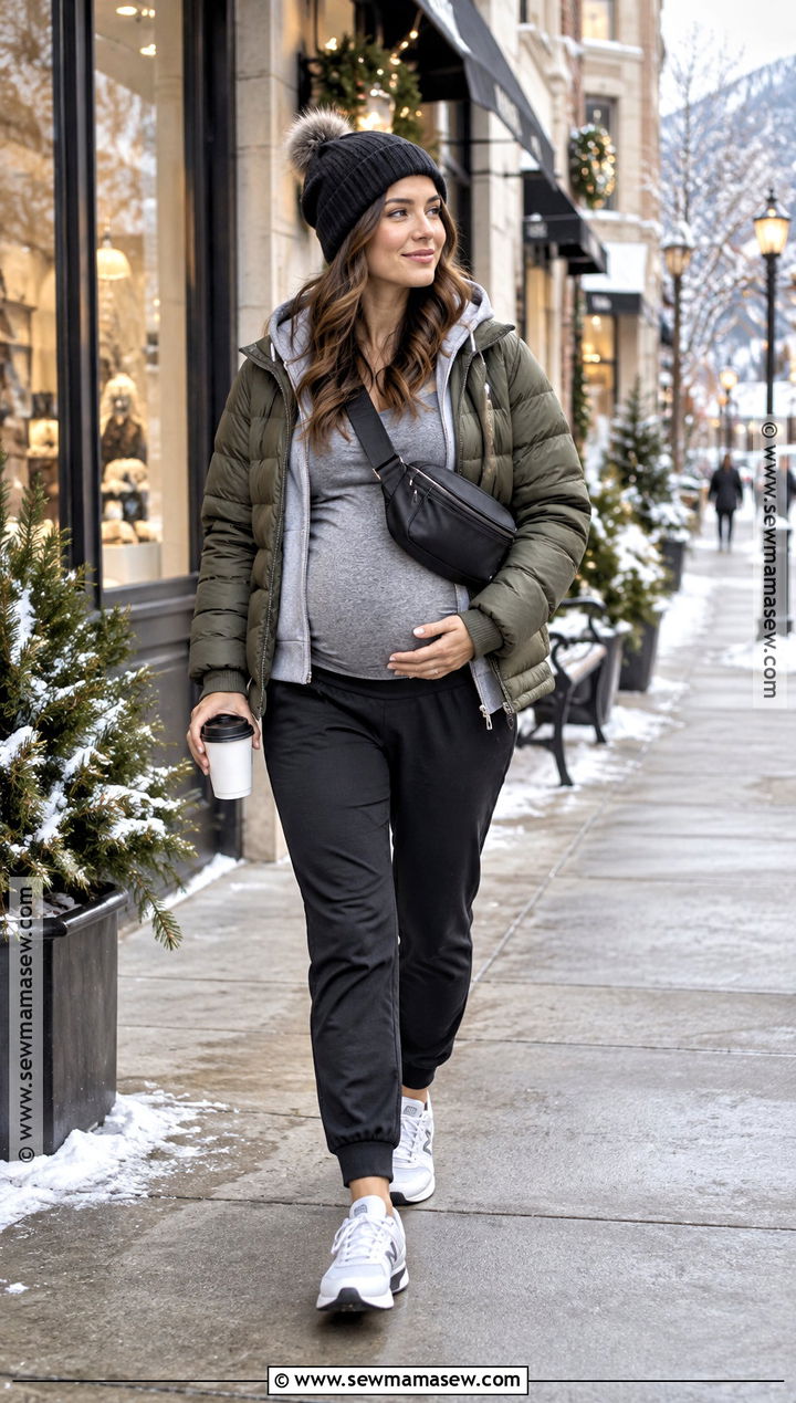 Maternity Joggers With Puffer Jacket - 15 pregnancy capsule wardrobe fall winter ideas
