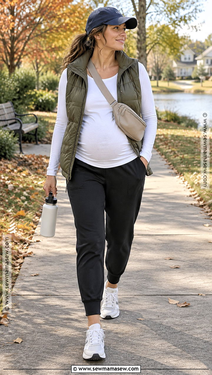 Maternity Joggers With Quilted Vest - 15 second trimester outfits fall
