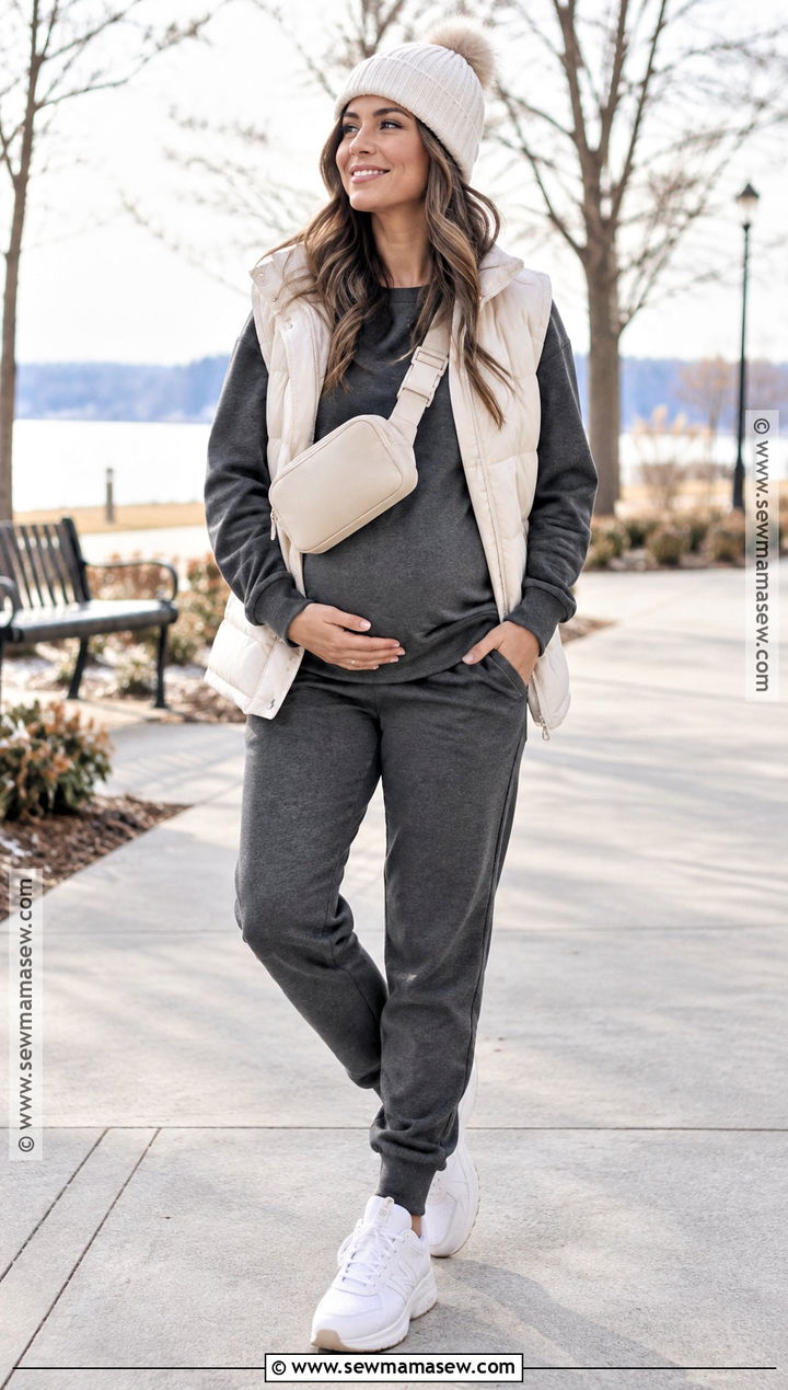 Maternity Joggers With Sweatshirt And Puffer Vest - 20 fallwinter pregnancy outfits