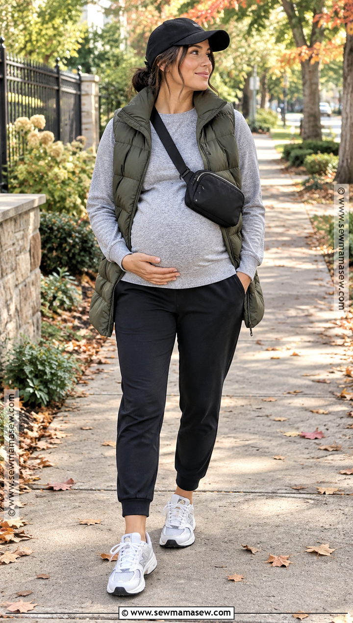 Maternity Joggers With Sweatshirt And Puffer Vest - 15 dress the bump fall ideas