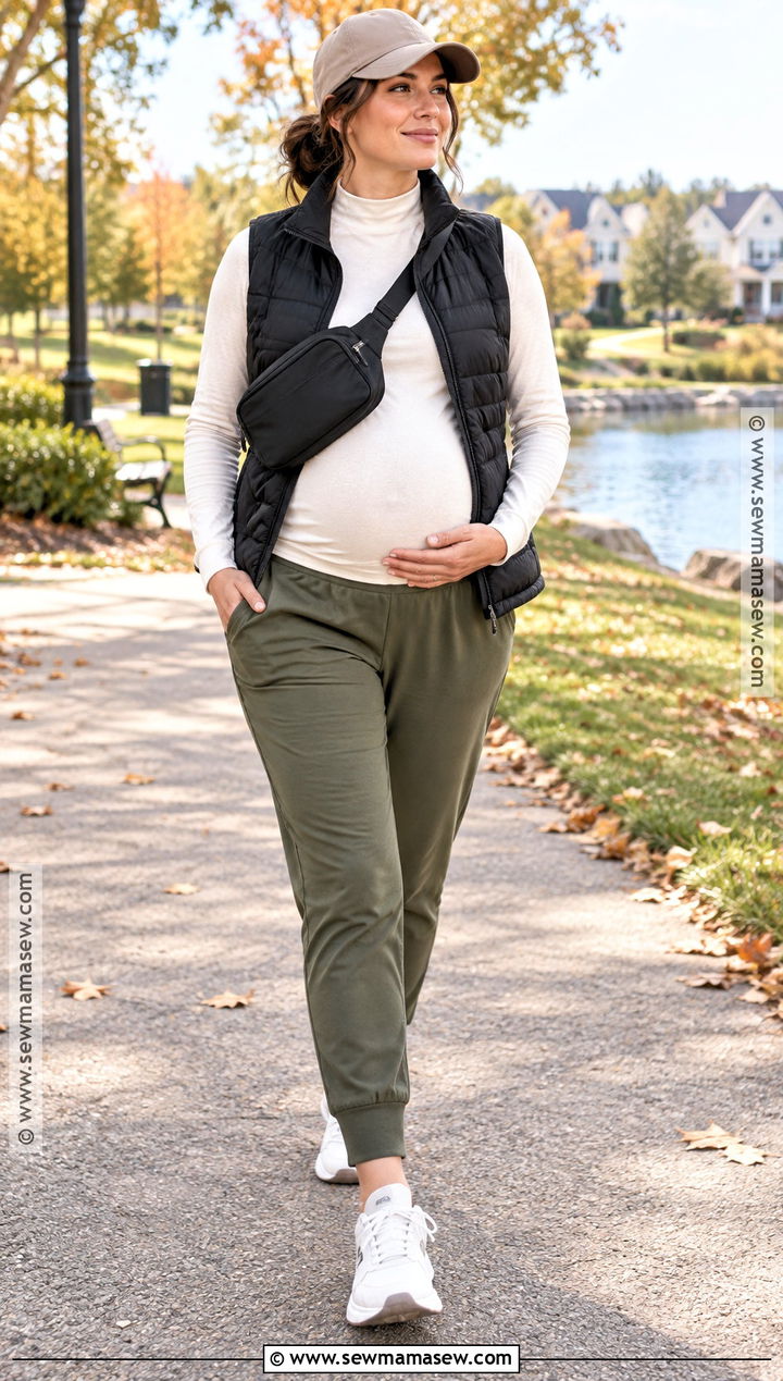 Maternity Joggers With Turtleneck And Quilted Vest - 15 fall outfit for pregnant ideas for women