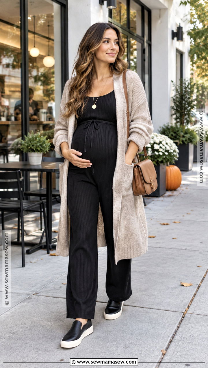 Maternity Jumpsuit With Cardigan And Slip On Shoes - 15 Fall And Winter Pregnancy Outfits