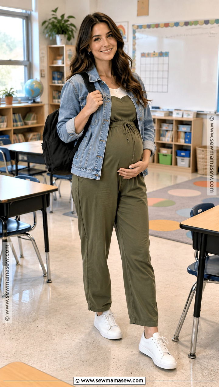 Maternity Jumpsuit With Denim Jacket And Sneakers - 15 pregnant teacher outfits fall
