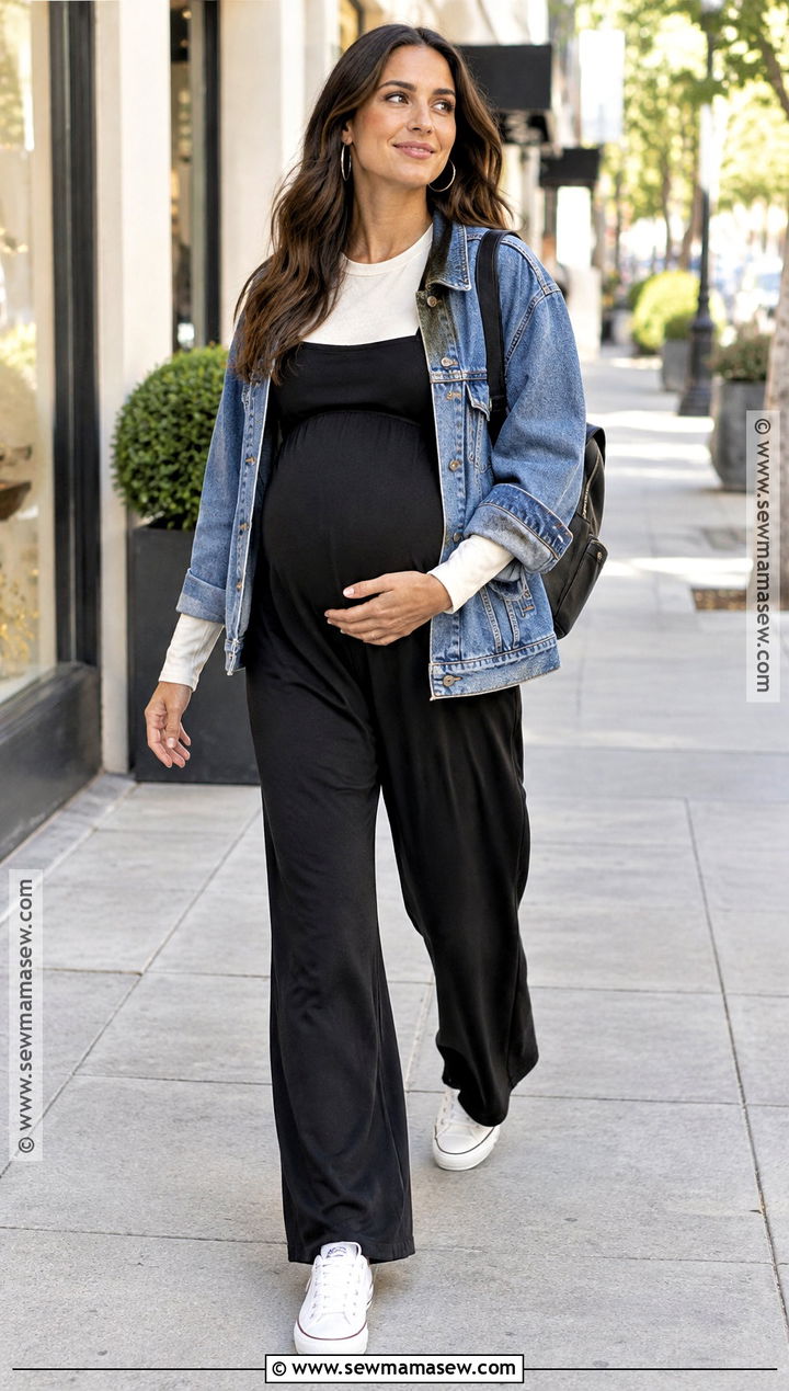 Maternity Jumpsuit With Denim Jacket Outfit - 15 fall third trimester outfits